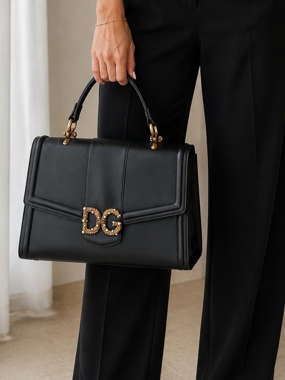 AUTH Dolce & Gabbana Amore Black Leather Top-Handle  with Gold DG Logo, New